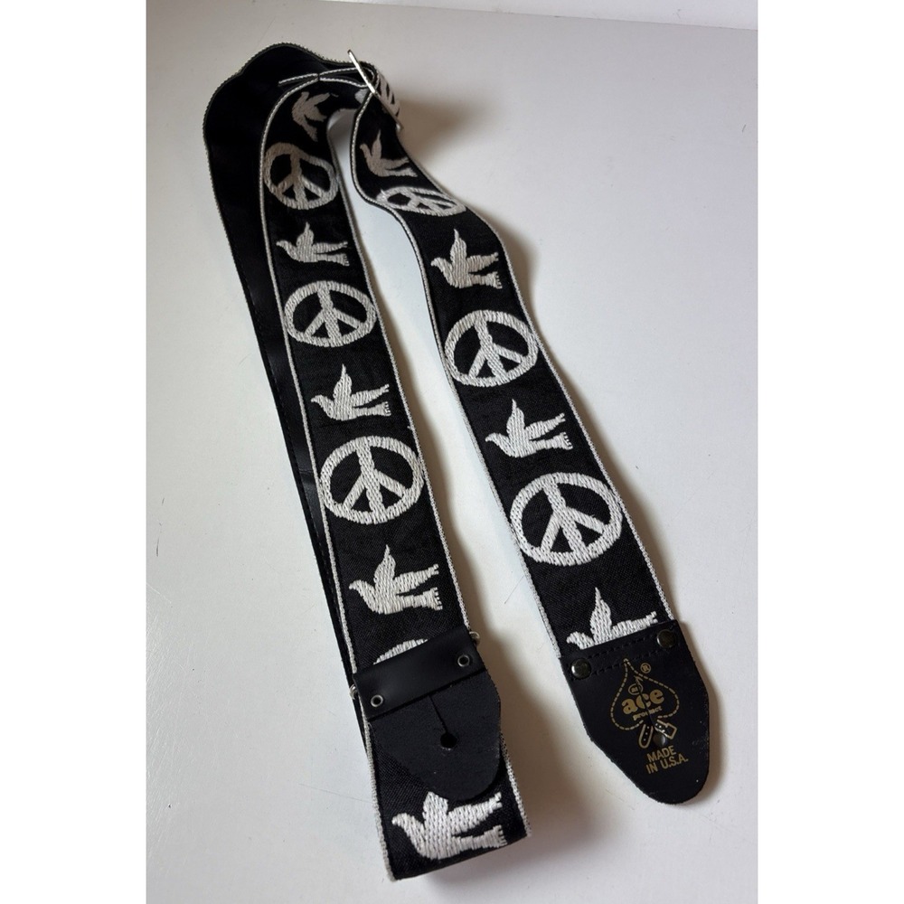 Vintage Ace Product Guitar Strap Peace Sign Dove Woven Black White Made in USA
